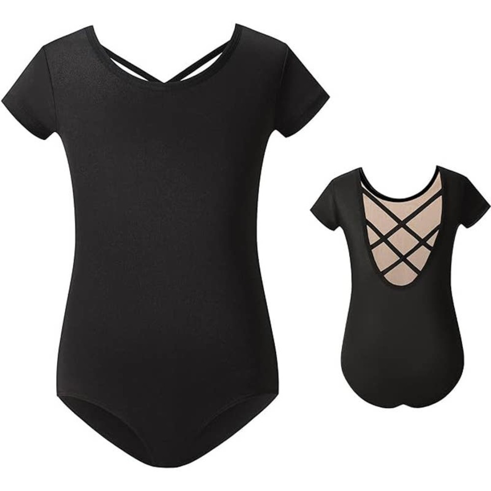 MdnMd Girls Leotard with Cross Back Detail in Black, Size 6-7​​​​​​​